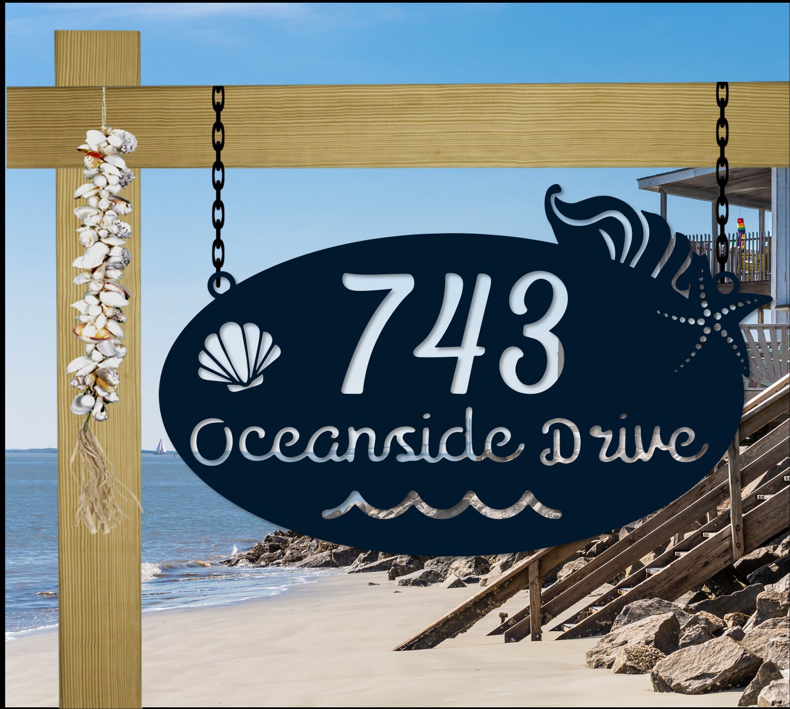 Hanging Beach House Address Sign Nautical Seashells Etsy