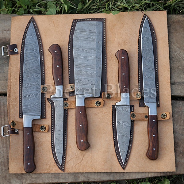 Handmade Damascus Chef Knife Set of 5 BBQ Knife Kitchen Knife Gift for Her Anniversary Gift Camping Knife Gift for Him Groomsmen gift EDC