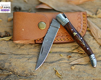 Damascus Pocket Knife With Rosewood Handle Gift For Boyfriend Birthday Gift Gift for Him Anniversary Gift EDC Knife Groomsmen Gift For Her