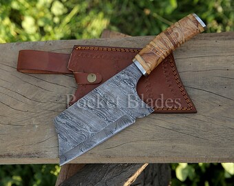 Handmade Damascus Chopper With Cow Wood Handle Gift for Husband Kitchen Knife Anniversary Gift Chef Knife Groomsmen Gift-Gift for Mother