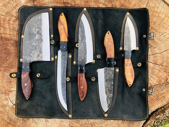 Hand Forged Carbon Steel Chef's Knife Set of 5 BBQ Knife Kitchen Knives Gift  for Boyfriend Anniversary Gift-gift for Him Groomsmen Gift 