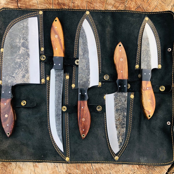 Hand Forged Carbon Steel Chef's Knife Set of 5 BBQ Knife Kitchen Knives Gift for Boyfriend Anniversary Gift-Gift for Him Groomsmen gift
