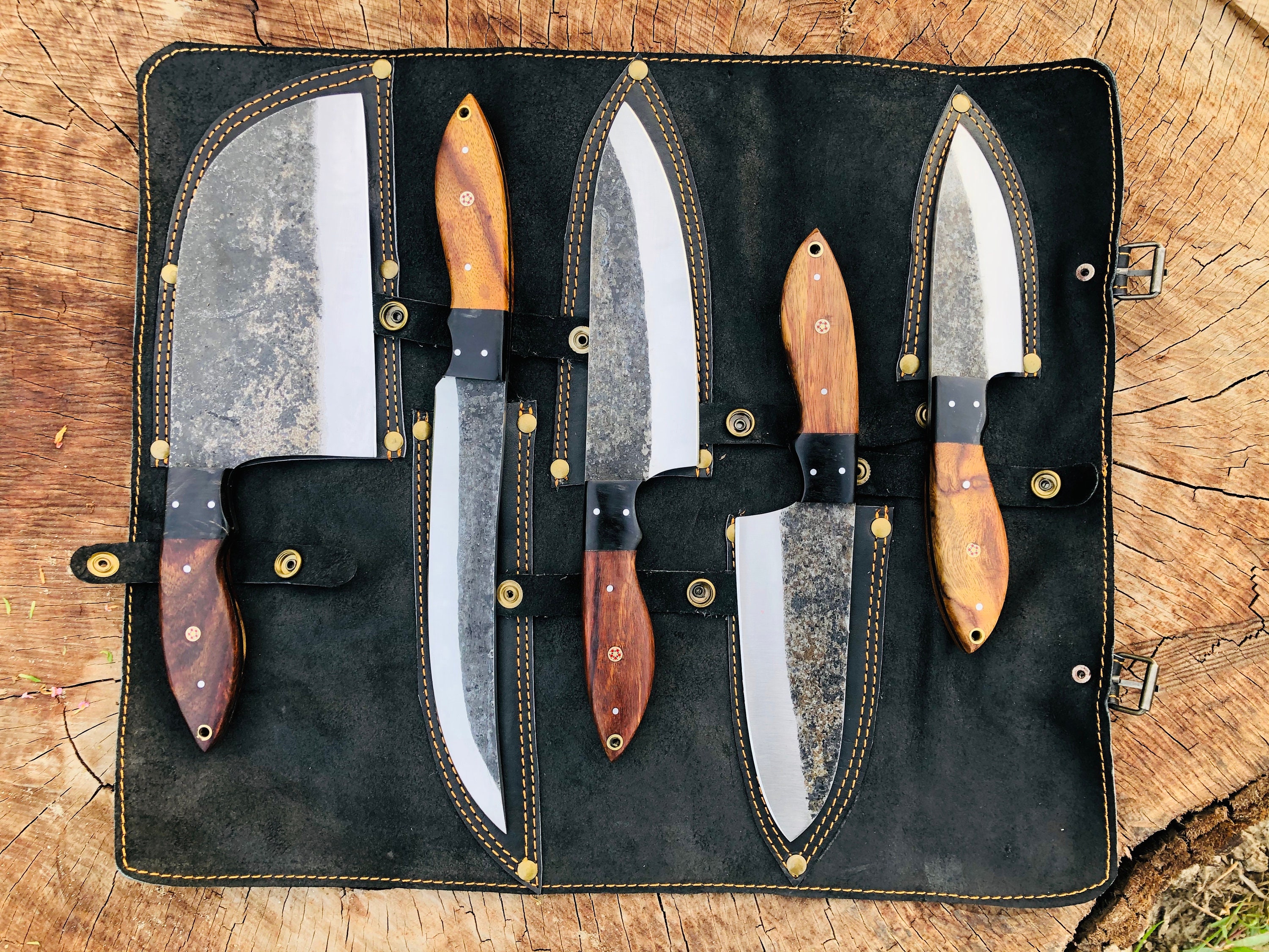 Custom Handmade Carbon Steel Powder Coated Chef Set With Leather Sheath,  Kitchen Knives Set, Damascus Steel Knives, BBQ Knives, Gift for Him 