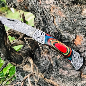 Damascus Folding Knife Handmade Damascus Steel Folding Knife Pocket Knife Gift for Her Gift for Him Knife Groomsmen gift Anniversary Gift