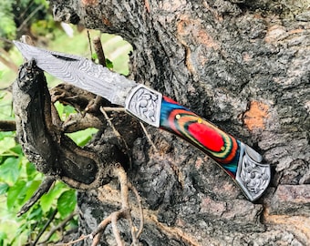 Damascus Folding Knife Handmade Damascus Steel Folding Knife Pocket Knife Gift for Her Gift for Him Knife Groomsmen gift Anniversary Gift