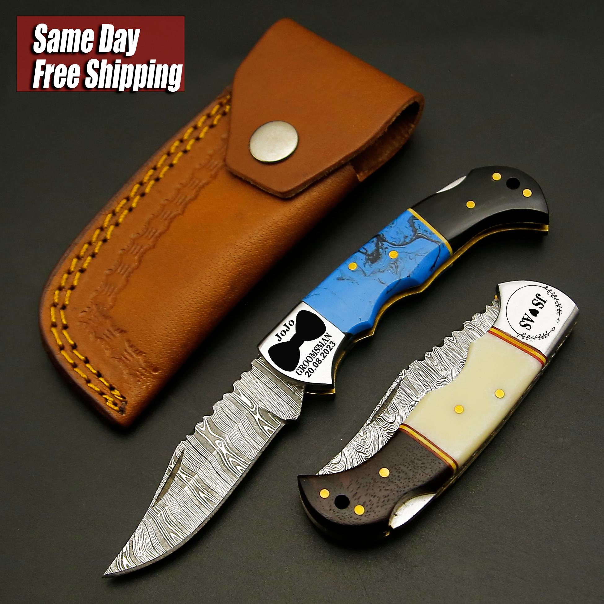 Handmade Damascus Pocket Knife With White & Turquoise Handle Gift