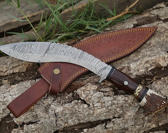 Handmade Damascus Kukri Knife with Stag Horn and Rose Wood Handle Survival Knife Anniversary Gift Camping Knife Gift For Him Groomsmen Gift