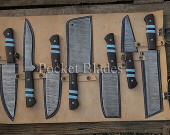 Handmade Damascus Chef's Knife Set of 7 Pcs Kitchen Knives Gift for Father Anniversary Gift Camping Knife Gift for Him Groomsmen Gift