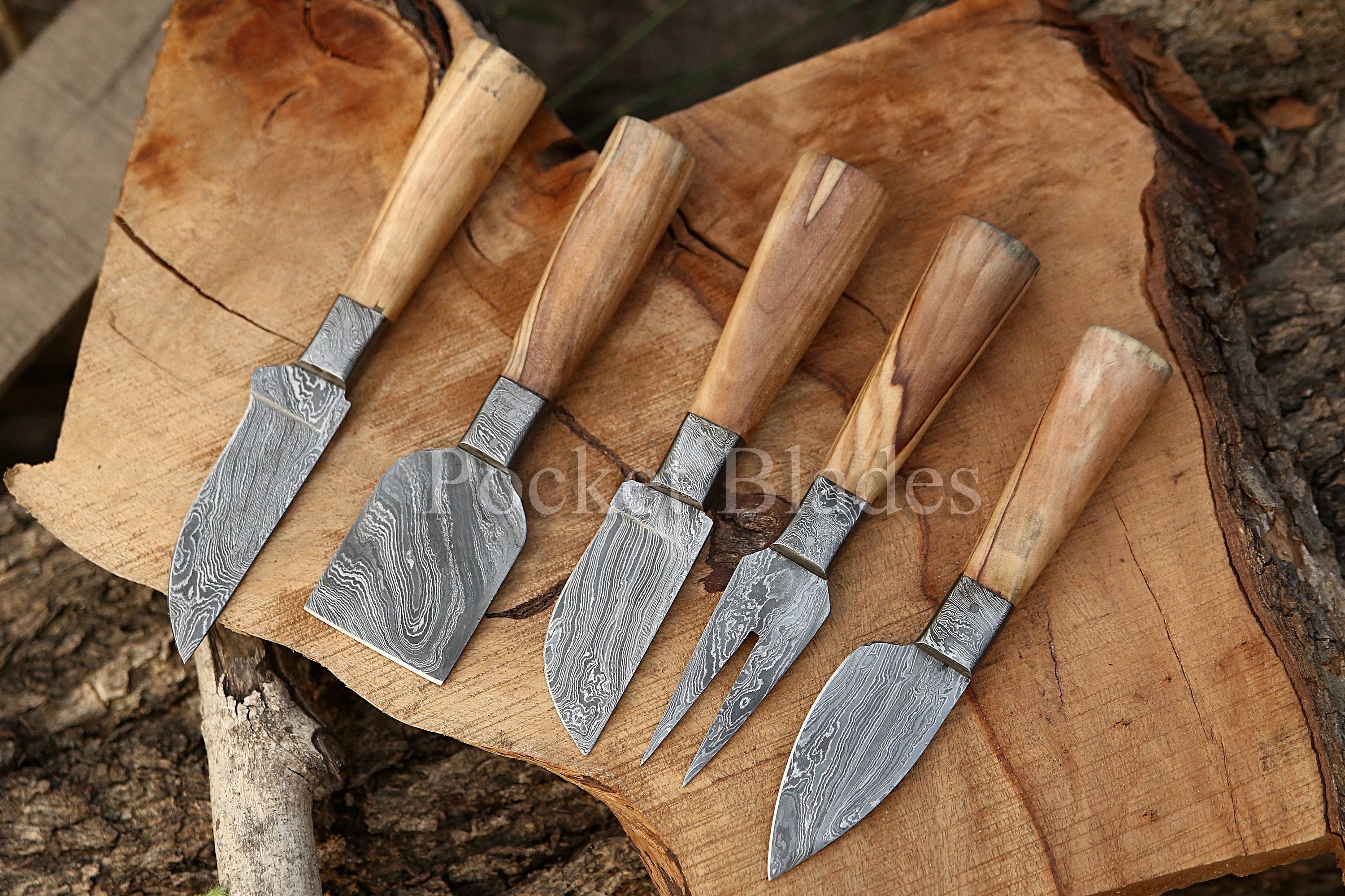 Handmade Damascus Cheese Knife Set of 5 Pcs with Olive Wood Etsy