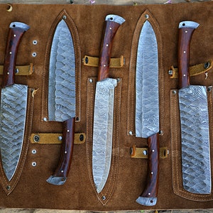 Handmade Damascus Chef Knife Set of 5 BBQ Knife Kitchen Knives Rosewood Handle Groomsman Wedding Anniversary Gift for Men and women Love