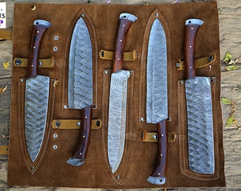 Handmade Damascus Chef Knife Set of 5 BBQ Knife Kitchen Knives Rosewood Handle Groomsman Wedding Anniversary Gift for Men and women Love