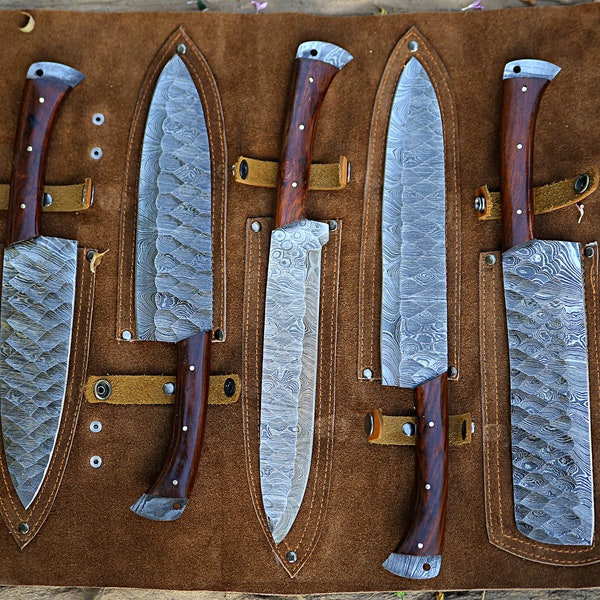 Handmade Damascus Chef Knife Set of 5 BBQ Knife Kitchen Knives Rosewood Handle Groomsman Wedding Anniversary Gift for Men and women Love