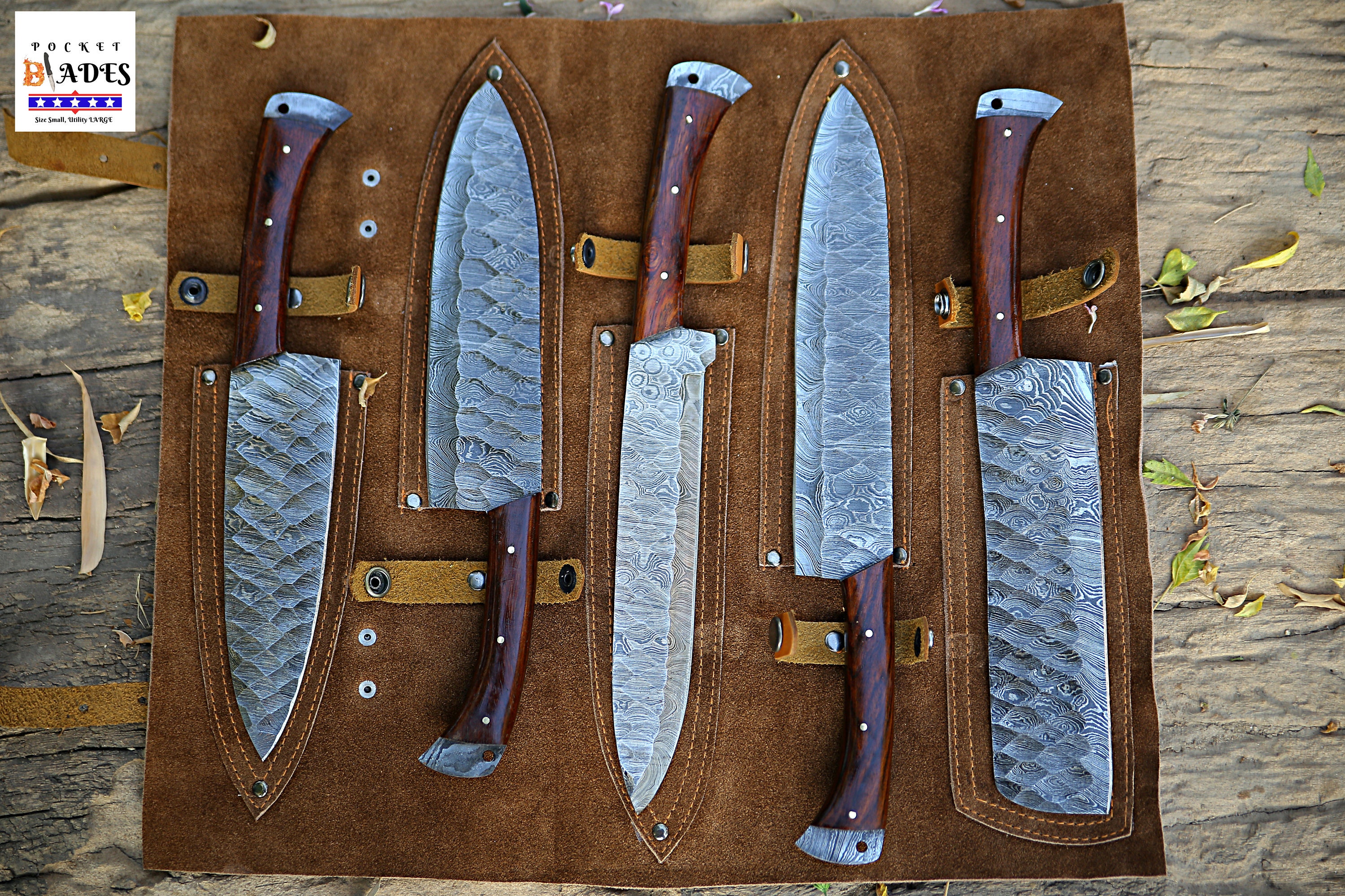 Handmade Damascus Chef Knife Set of 5 BBQ Knife Kitchen Knives Rosewood  Handle Groomsman Wedding Anniversary Gift for Men and Women Love 