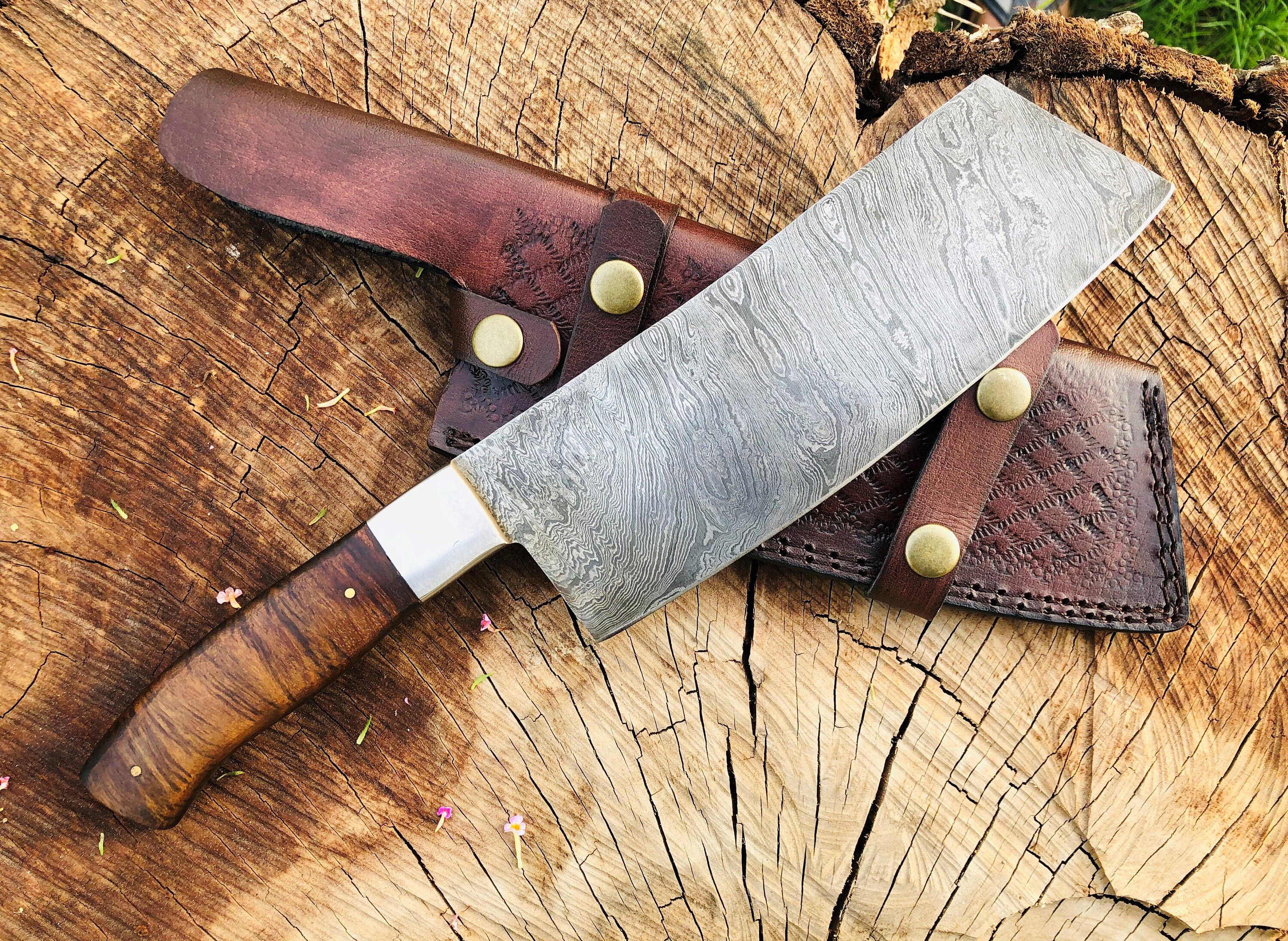 hachoir damascus fait à la main avec poignée en bois de rose cadeau pour mari couteau cuisine anniversaire chef garçons d'honneur cadeau-cadeau