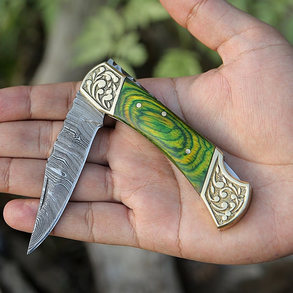 Damascus Pocket Knife Handmade Folding Knife Gift For Boyfriend Birthday Gift Gift for Him Anniversary Gift EDC Knife Groomsmen Gift For Her