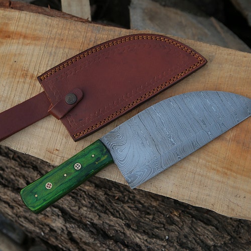 Handmade Damascus Serbian Cleaver with Green Dollar Sheet Kitchen Knife Gift for Her Groomsmen shops Gift Gift for Him Valentines Gift for Him