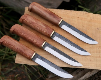 Hand Forged Carbon Steel Steak Knife Set of 4 BBQ Knife Kitchen Knives Gift for Husband Anniversary Gift Camping Knife Gift for Him