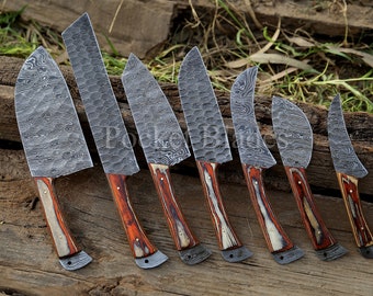 Handmade Damascus Chef Knife Set of 7 BBQ Knife Kitchen Knives Gift for Father Anniversary Gift Camping Knife Gift for Him Groomsmen gift