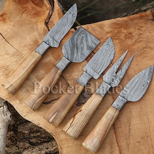 Handmade Damascus Cheese Knife Set of 5 Pcs with Olive Wood Handle Steak Knives Thanksgiving Gift Anniversary Gift For Husband wedding gift