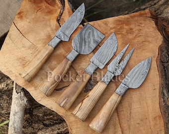 Handmade Damascus Cheese Knife Set of 5 Pcs with Olive Wood Handle Steak Knives Thanksgiving Gift Anniversary Gift For Husband wedding gift