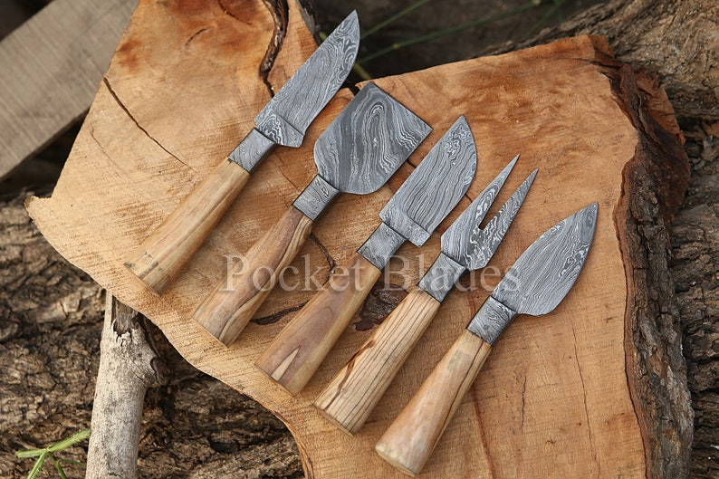 Handmade Damascus Cheese Knife Set of 5 Pcs with Olive Wood Handle Steak Knives Thanksgiving Gift Anniversary Gift For Husband wedding gift