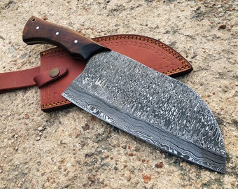 Handmade Damascus Serbian Knife With Rose Wood Handle Gift for Husband Kitchen Knife Anniversary Gift Groomsmen Gift for Father Meat Cleaver