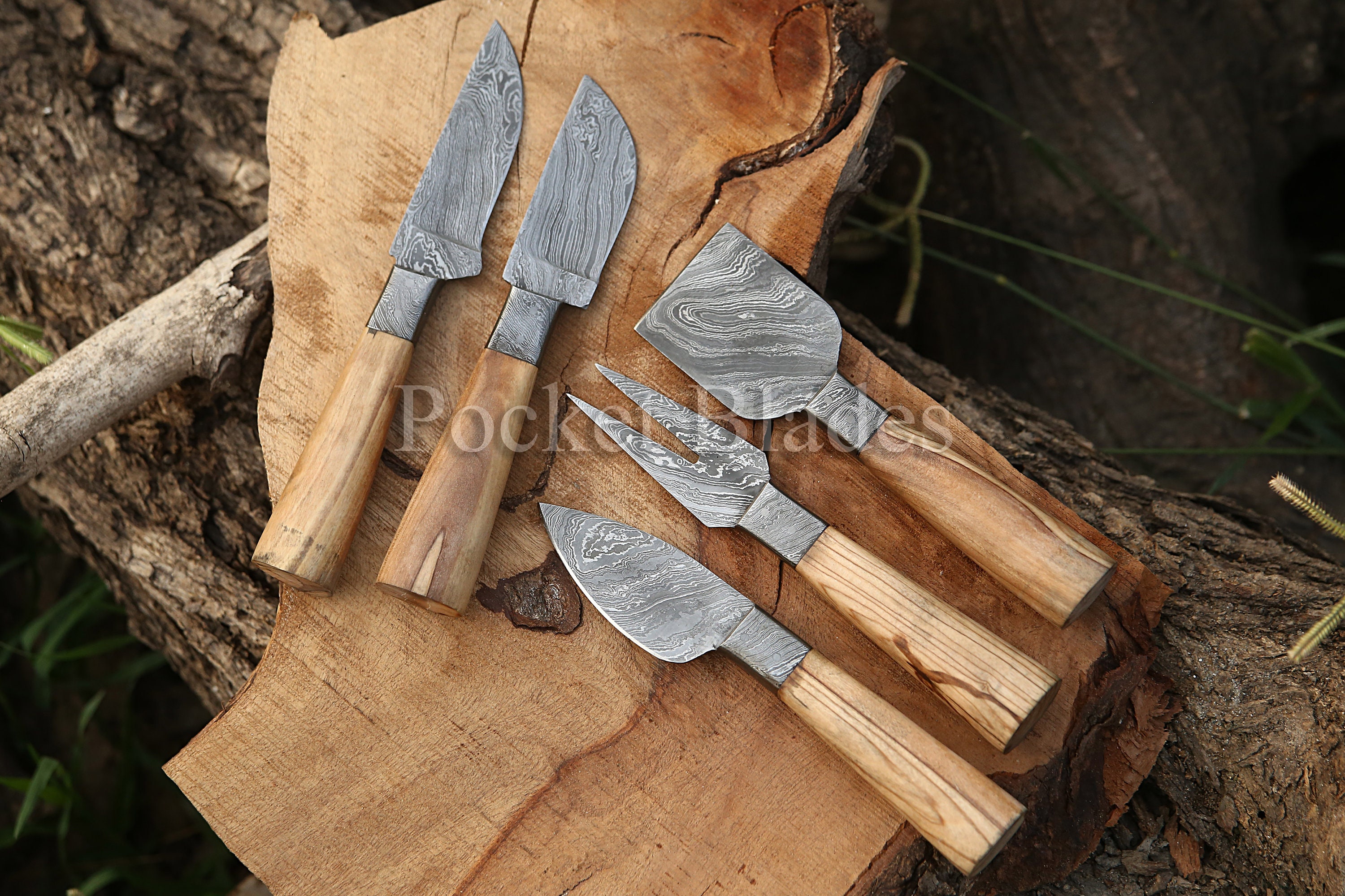 Handmade Damascus Cheese Knife Set of 5 Pcs with Olive Wood Etsy