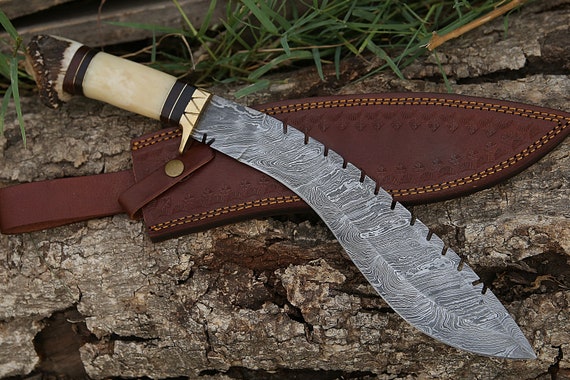 Handmade Damascus Kukri Knife with Stag Horn and Bone Handle Survival Knife Anniversary Gift Camping Knife Gift for Him Groomsmen gift EDC