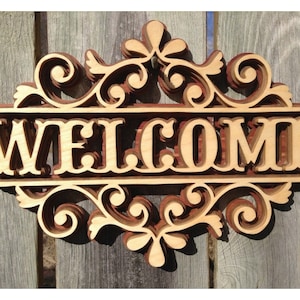 Taglio laser multistrato segno di benvenuto wall art CDR File Glowforge Laser Cnc Cut svg dxf pdf eps cdr file adesivo da parete incisione decalcomania silhouette