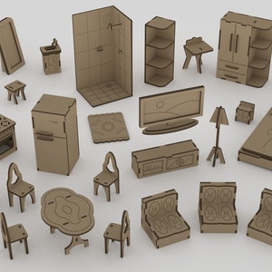 Mini Kit Mobili Dollhouse Laser Cut Glowforge Laser Cnc Cut SVG DXF PDF EPS CDR File Adesivo da Parete Incisione Decalcomania