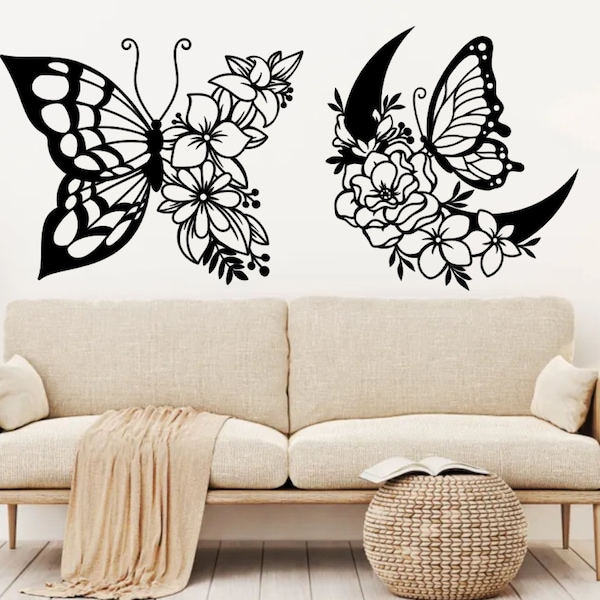 Butterfly floral laser cut svg dxf files wall sticker engraving decal silhouette template cnc cutting router digital vector instant download