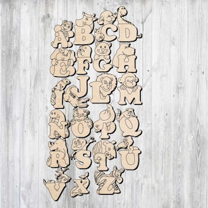 Corte láser Letras A-Z alfabeto bebé letras animales Digital Vector Glowforge Laser Cnc Cut svg dxf pdf eps cdr archivos pared pegatina grabado