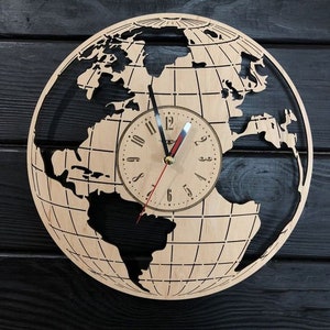 Laser cut world map wall clock CDR File glowforge Laser Cnc Cut svg dxf pdf eps cdr files wall sticker engraving decal silhouette templat