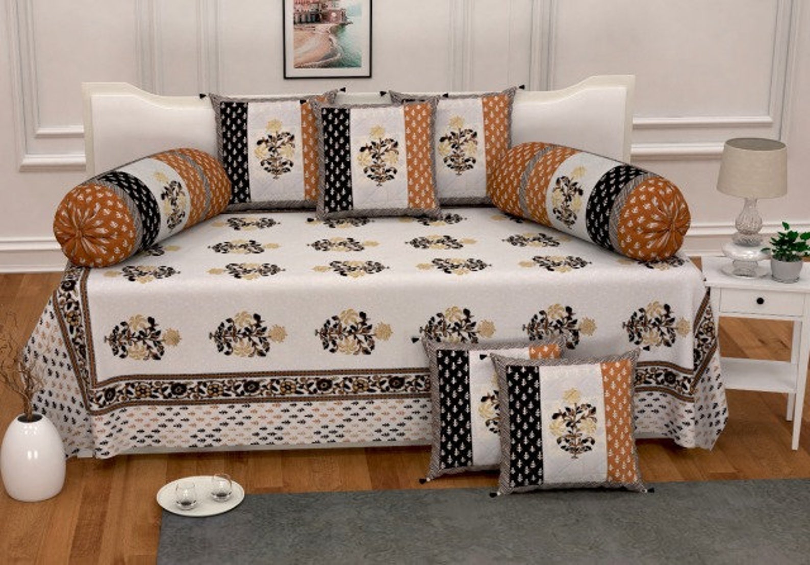 Diwan Sets of 1 Bed Sheet2 Bolster Cover and 5 Cushion Etsy