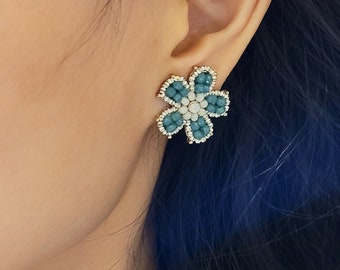 Teal Green Flower Statement Stud Earrings
