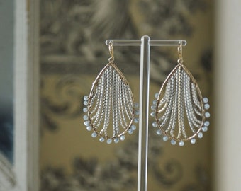 Elegant Chandelier Earrings, White Tassels and Blue Gray Beads