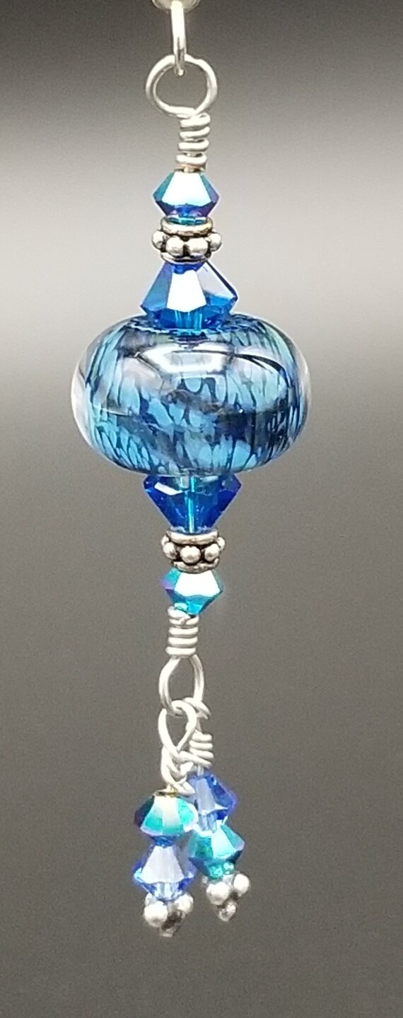 Lampwork Earrings - Lampwork boro bead blue black Swarovski crystals silver Bali beads