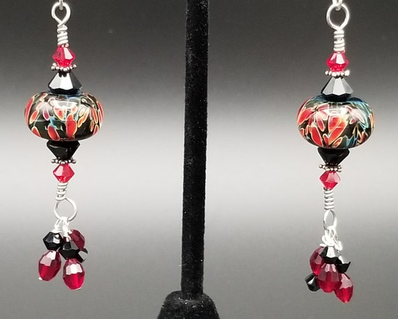 Lampwork Earrings - Lampwork beads red black yell… - image 2
