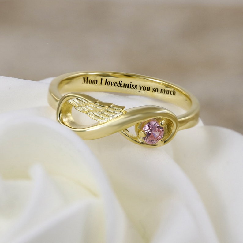 Memorial Ring Birthstone Ring for Her Angel Wing Ring Mothers Etsy