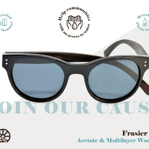 Womens Black Sunglasses, Hypoallergenic Acetate Frames, Retro Vintage Sunglasses with Wood Temples