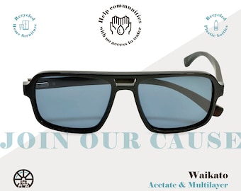 Zwarte Aviator Zonnebril, Unisex Acetaat Zonnebril, Gerecyclede Materialen, Gepolariseerde Zonnebrillen