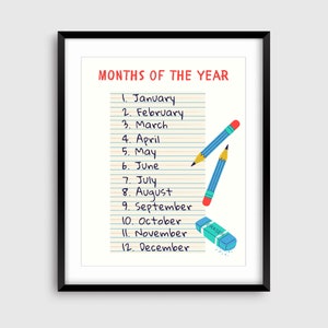 Maanden van het jaarposter, afdrukbare thuisschool, kinderkamerdecor, kinderkamerafdrukken, leermiddelen, digitale download