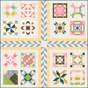 May include: A patchwork quilt featuring a repeating pattern of geometric blocks in shades of pink, green, blue, and yellow on a cream background. The quilt has a central cross design with a chevron border.