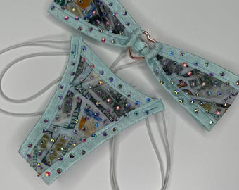 Big Face Benji|USD|Money Print SPANDEX - Crystal - MICRO Dropkini Bandeau