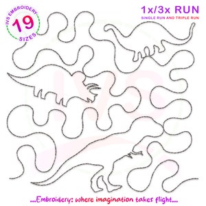 Puede incluir: Un dibujo en blanco y negro de tres dinosaurios, un triceratops, un estegosaurio y un tiranosaurio rex, con un fondo de remolinos. La imagen incluye el texto "1x/3x RUN SINGLE RUN AND TRIPLE RUN" y "...Embroidery: where imagination takes flight..."