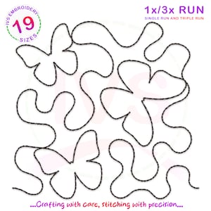 May include: Black and white line drawing of a butterfly quilting pattern. The pattern is a single run and triple run design. The text "1x/3x RUN" and "SINGLE RUN AND TRIPLE RUN" is included in the image.