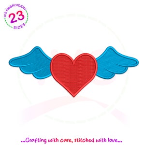 May include: Red heart with blue wings, a simple design for embroidery.