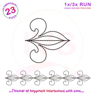 Puede incluir: Un diseño de bordado en blanco y negro con un motivo floral estilizado. El diseño está disponible en 23 tamaños y se puede bordar con una o tres pasadas. El texto "...Threads of happiness intertwined with care..." está incluido en la imagen.