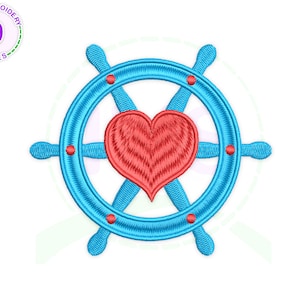 May include: A blue nautical wheel with a red heart in the center. The heart has a striped pattern.