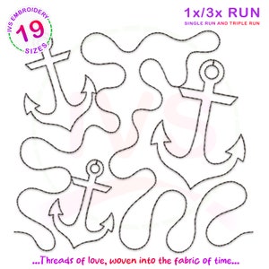 May include: A black and white line drawing of an anchor with a single run and triple run stitch pattern. The image includes the text "1x/3x RUN" and "SINGLE RUN AND TRIPLE RUN".